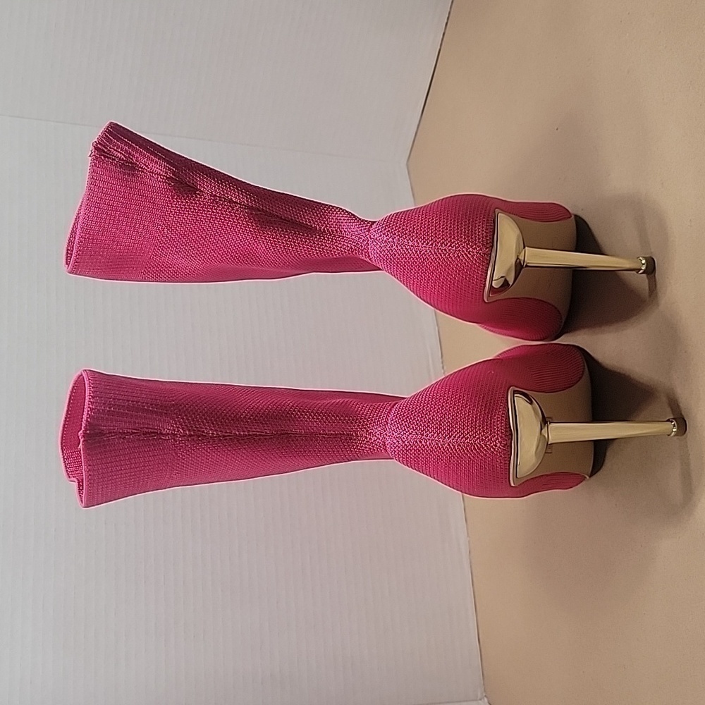 Cuccoo, Size 39 (8.5) Hot Pink w/ Gold Stiletto Sock Boots, Barbiecore, EUC - Picture 3 of 8